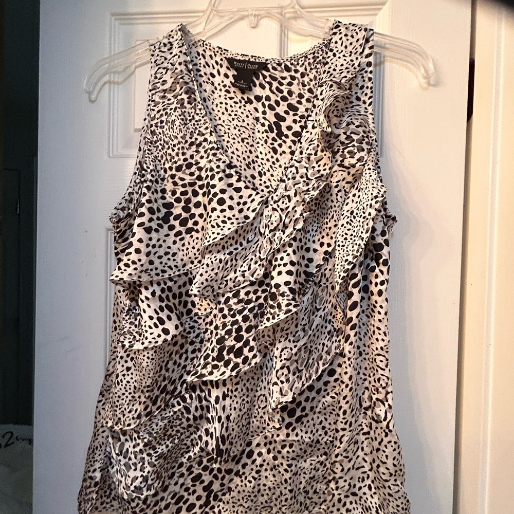 White House Black Market Black and White animal print Ruffle Blouse large